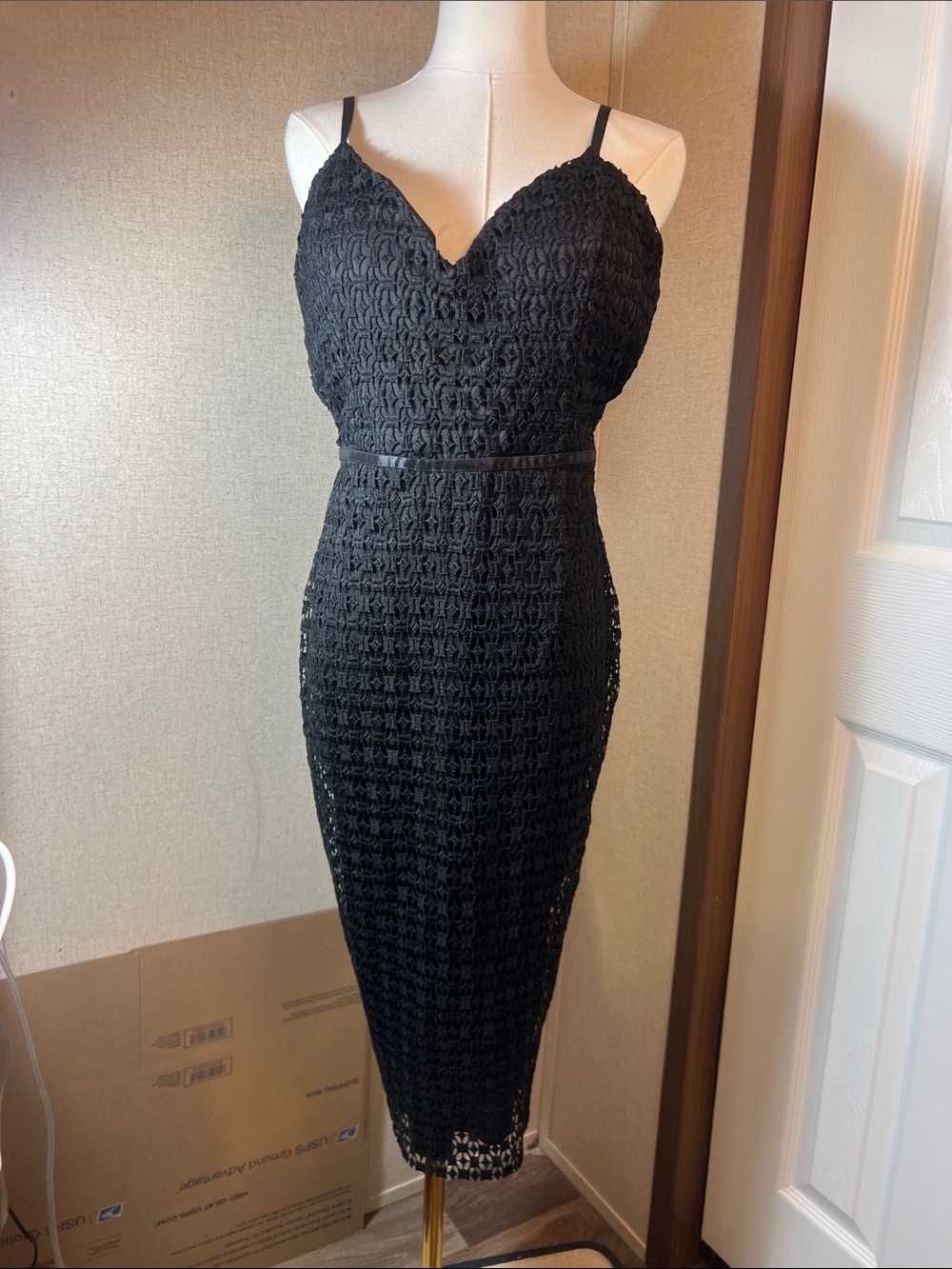 Guess Black Crochet Midi Dress with Spaghetti Straps